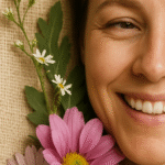 Das Gesicht einer Mutter mit Blumen zum Muttertag Glückwünschen